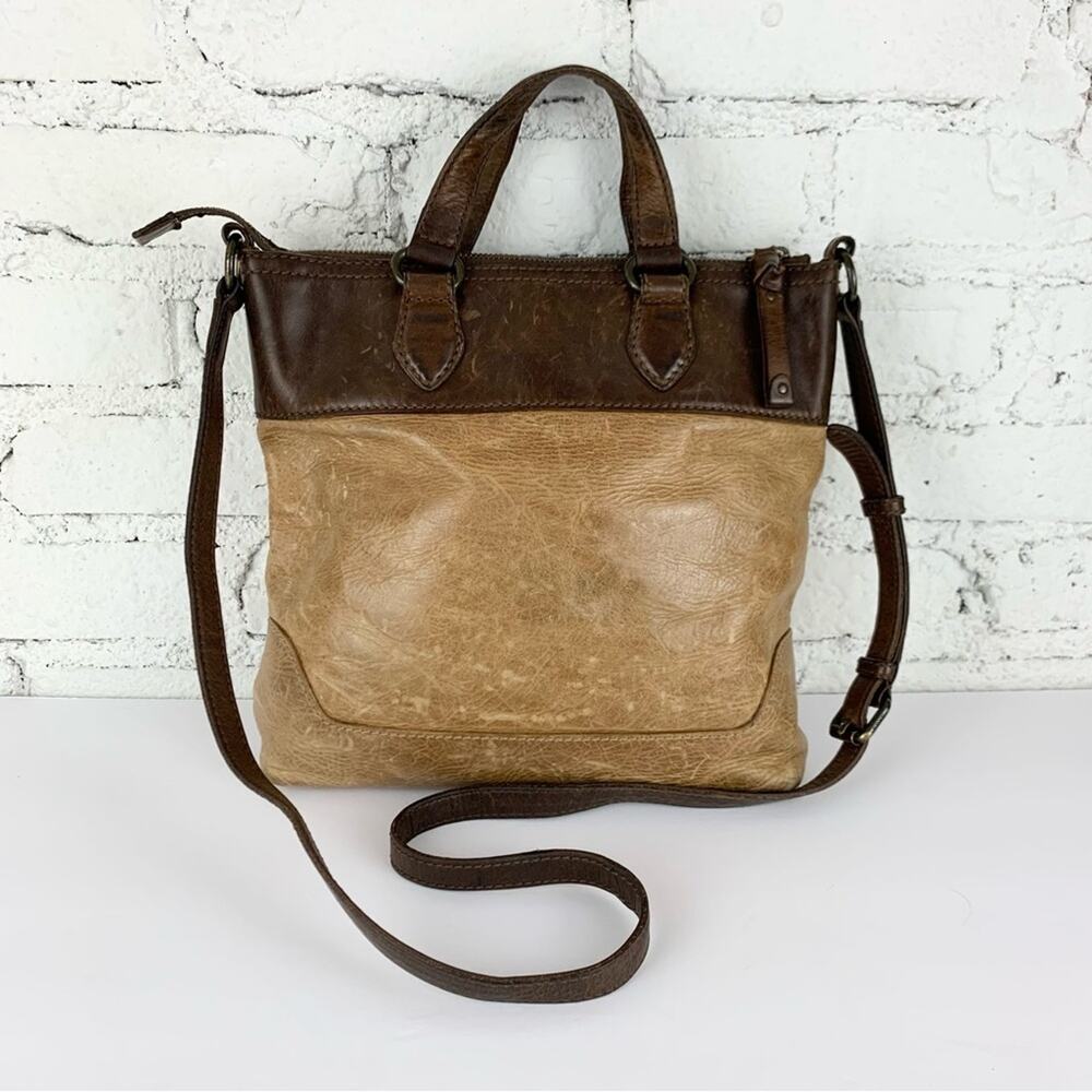 Frye Melissa Small Tote Crossbody Two Tone Brown Leather Purse Bag